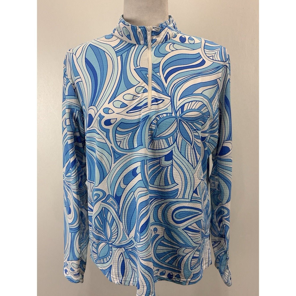 Icikuls Pullover Top Large Blue White Print Long Sleeve 1/4 Zip Golf Paisley